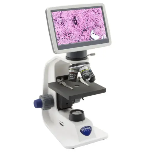 [B-159R-PLV] B-150 Binocular brightfield microscope, 1000x, PLAN, rechargeable batteries, with 7" monitor bundle